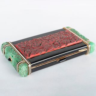 Ostertag Art Deco Gold and Enamel Vanity Case Mounted with Chinese Jade and Lacquer Panels