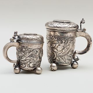 Two Continental Silver Coin Inset Tankards