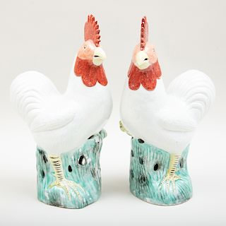 Pair of Large Chinese Export Style Porcelain Figures of Roosters