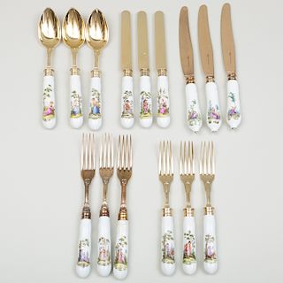 Assembled Set of French Silver and Meissen Porcelain Flatware