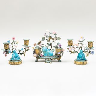 Gilt-Metal-Mounted Chinese and European Porcelain Encrire and a Pair of Similar Two-Light Candelabra