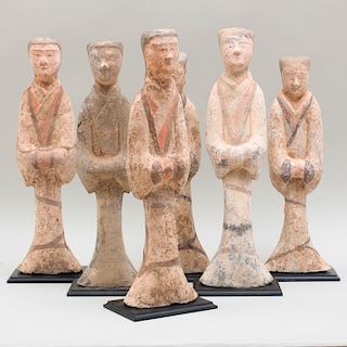 Group of Six Chinese Painted Pottery Figures of Attendants