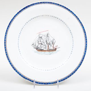 Chinese Export Porcelain Plate Decorated with a Danish Naval Ship