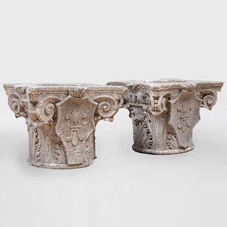 Pair of Continental Carved Marble Corinthian Capitals