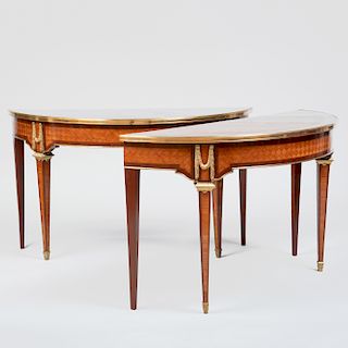 Pair of Louis XVI Style Gilt-Bronze-Mounted Tulipwood Parquetry D-Shaped Consoles