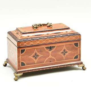 English Chippendale Brass-Mounted Inlaid Mahogany Tea Caddy