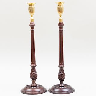Pair of Tall English Mahogany and Brass Candlesticks