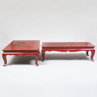 Two Chinese Red Lacquer and Parcel-Gilt Low Tables