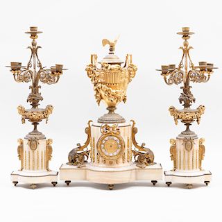 Louis XVI Style Ormolu-Mounted Onyx Three Piece Garniture