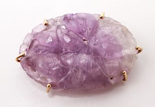 14K Yellow Gold Carved Amethyst Pendant Brooch