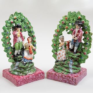 Pair of Staffordshire Pearlware  Bocage Arbor Figure Groups on Faux Marble Bases