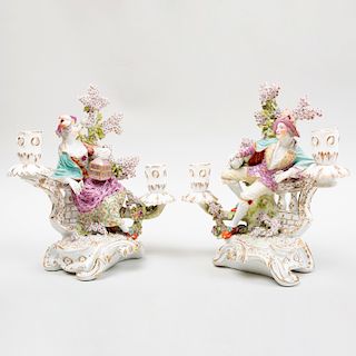 Pair of English Porcelain Bocage Two-Light Figural Candlesticks Emblematic of Matrimony, Possibly Derby