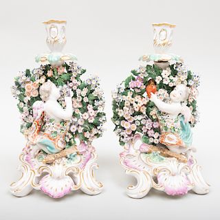 Pair of Derby Porcelain Bocage Chambersticks with Cupids
