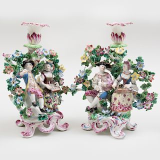 Pair of Early English Porcelain Bocage Candlesticks of Musicians