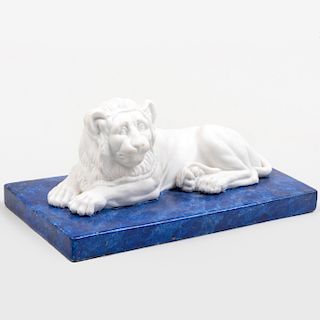 KPM Porcelain Model of a Biscuit Lion on a Faux Marble Base