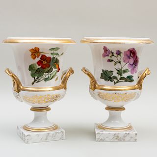 Pair of Paris Porcelain Urns Decorated with Fruits and Flowers