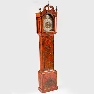 Queen Anne Scarlet Japanned Tall Case Clock