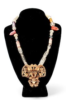 Pre-Columbian Tumbaga Gold Pendant Quartz Necklace