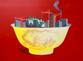 Zhang Ting Qun "Dragon Bowl" Large Oil on Canvas