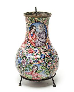 Qajar Iranian Enamel on Copper Vase w Figures