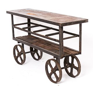 Industrial Metal Console Cart on Large Wheels