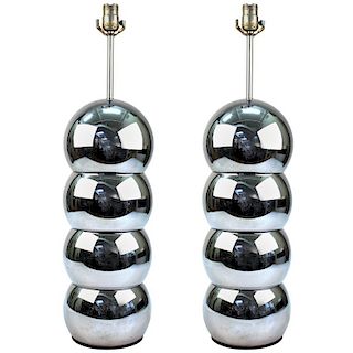 Modern Chrome Stacked Ball Table Lamps, Pair