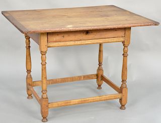 Queen Anne tavern table having one drawer over stretcher base. 