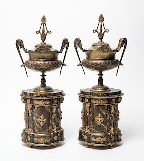 Pair of Gilt Metal Urns on Faux Marble Bases