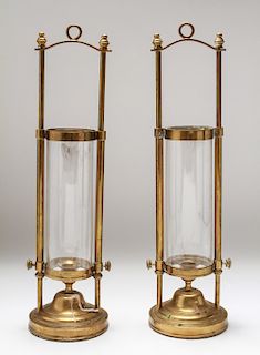 Hurricane Candlesticks Brass w Glass Shades Pair