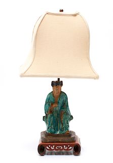 Chinese Glazed Pottery Ancestor Figure Table Lamp
