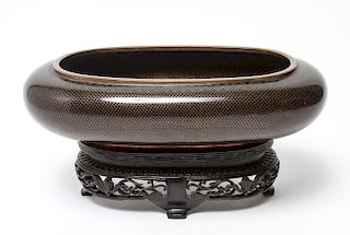 Chinese Bronze & Enamel Cloissone Oblong Bowl