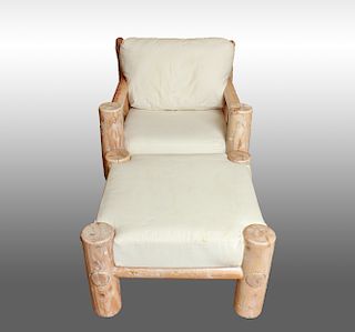 Rustic Lounge Chair & Ottoman w White Upholstery
