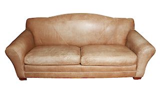 Tan Leather Sofa w Stitched Motif