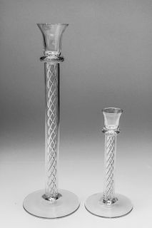 Colorless Art Glass Candlesticks with Swirls, 2