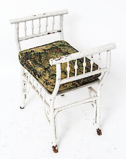 Victorian White Painted Bench w Upholstered Seat