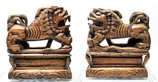Chinese Large Foo-Lions / Dogs Wood Sculptures Pr