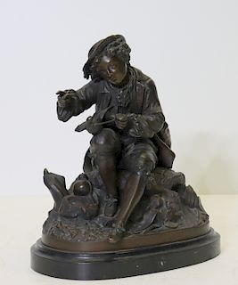 UNSIGNED. Bronze Sculpture Of A Boy With Pigeon.