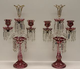 Antique Pair Of Ruby Cut To Clear Enameled Lusters