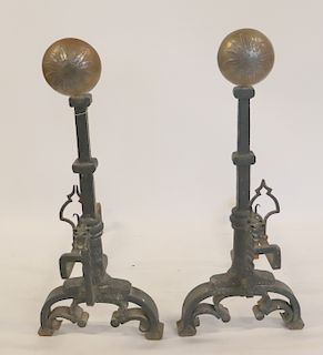 A Very Large Pair Of Hand Wrought Iron Andirons.
