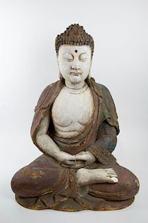 A Large Polychrome Carved Figure of Buddha.