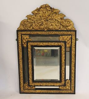 Antique Ebonised Mirror With Gilt Tin Crown And