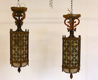 Pair Of Large Art Deco Iron And Glass Lanterns