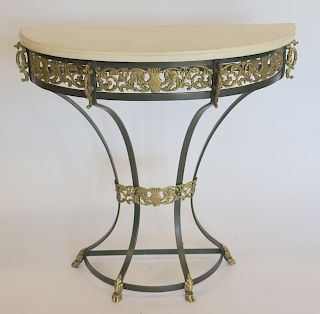 Art Deco Iron And Marbletop Demilune Console.