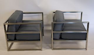 Vintage Pair Of Polished Steel Upholstered Chairs.