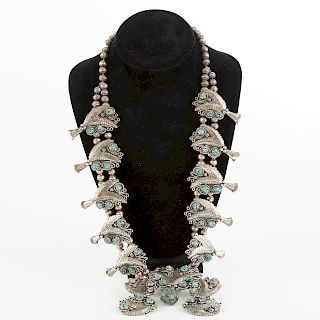 Silver and Turquoise Squash Blossom Necklace with Earrings