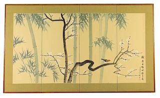 Japanese Hanging Screen, Handpainted Bamboo & Bird