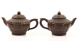 Pair of Chinese Bronze Lidded Tea Pots, Marked