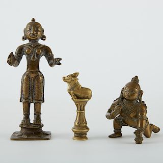 Grp: 3 Indian Bronzes of Radha Baby Krisha and Nandi Tamper