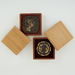 2 Lrg 20th c. Meiji Japanese Bronze and Gold Tsuba