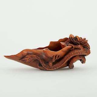 Japanese Carved Boxwood Tea Scoop w/ Leaf and Dragon